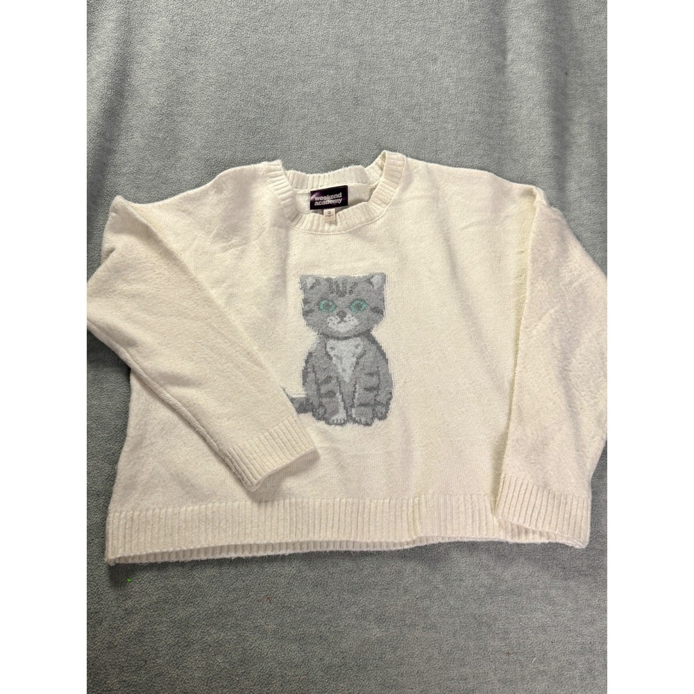 Weekend Academy Girls XXL 18 Cream Knit Cat Graphic Sweater Long Sleeve Crewneck